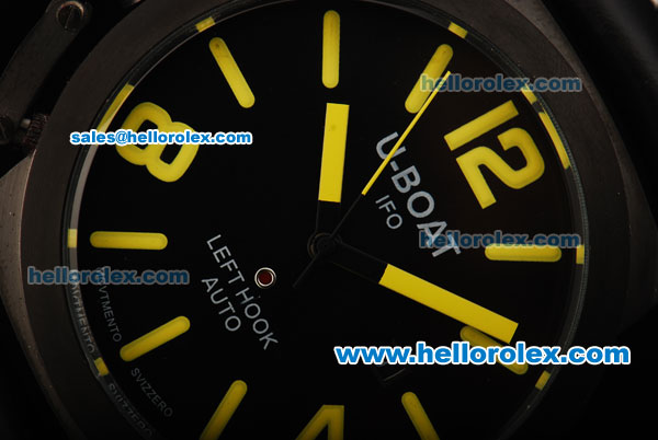 U-Boat Italo Fontana Left Hook Automatic Movement PVD Case with Black Dial and Yellow Markers - Black Leather Strap - Click Image to Close